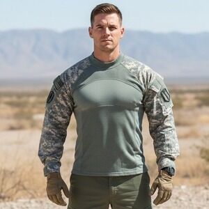 Massif Mountain Gear Shirt Mens Size L Green Camo Soldier Army Combat Military